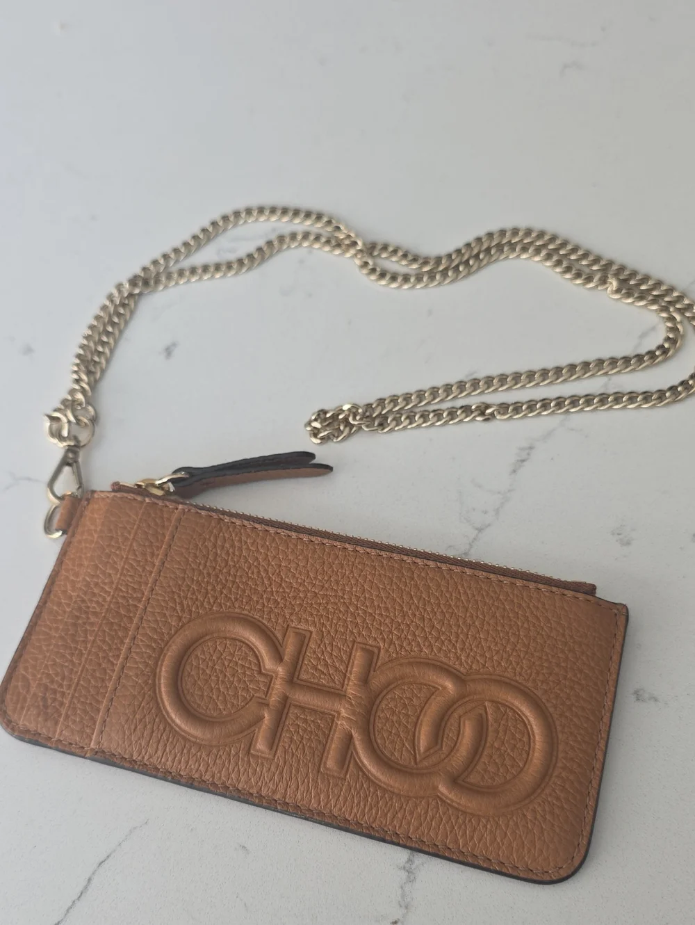 Like New Jimmy Choo Embossed Tan Leather Card Wallet with Gold Chain